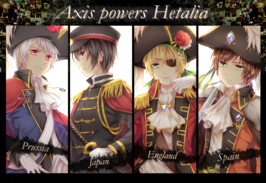 4boys ascot axis_powers_hetalia bad_id bad_pixiv_id black_hair blonde_hair brown_hair character_name commentary_request copyright_name epaulettes flower gem gloves green_eyes hat japan_(hetalia) jewelry multiple_boys necklace pirate pirate_hat prussia_(hetalia) red_eyes red_flower red_rose rose short_hair spain_(hetalia) tricorne uniform united_kingdom_(hetalia) white_gloves white_hair yellow_eyes yuuna_minato