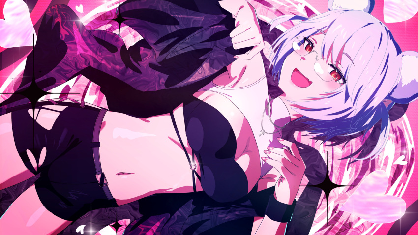 absurdres animal_ears bear_ears bear_girl black_bra black_shorts blue_hair bra breasts cross cross_necklace female glasses heart highres icey_snowpaws jewelry misaki_nonaka navel necklace oerba_yun_fang open_mouth pink_nails red_eyes second-party_source shorts solo underwear vallure virtual_youtuber