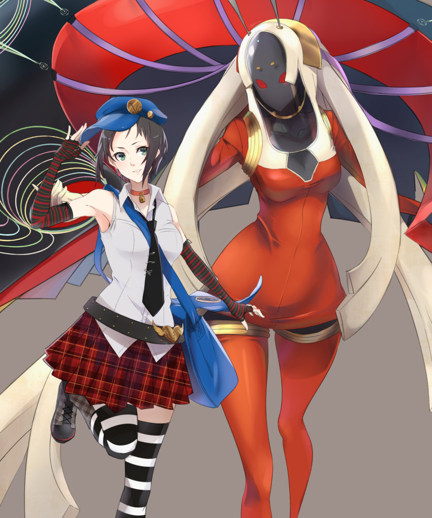 1other belt black_hair blue_eyes boots card collar commentary elbow_gloves female fingerless_gloves from_above gloves grey_background highres kaguya_(persona_4) looking_at_viewer marie_(persona_4) persona persona_4 persona_4_the_golden plaid_clothes plaid_skirt rdc7229 short_hair skirt sleeveless smile solo standing standing_on_one_leg striped_clothes striped_thighhighs thighhighs