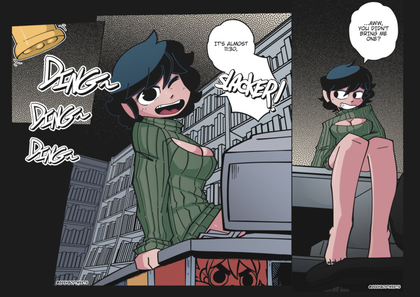 1girls bell black_eyes black_hair blue_nails blush boob_window comic comic_page eyeshadow female geekboylewds hollie_hawkes nail_polish one_eye_closed partially_clothed scott_pilgrim short_hair sweater workplace