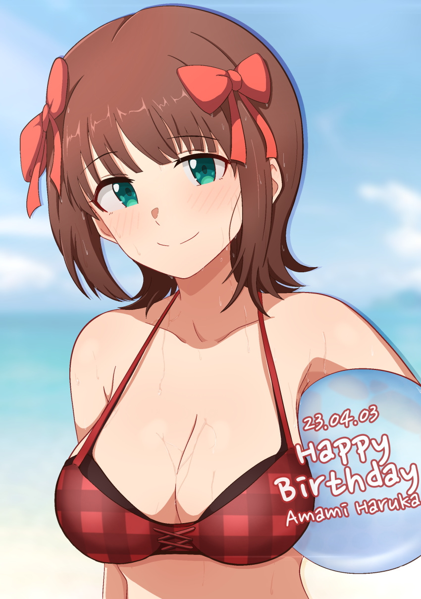 absurdres amami_haruka armpits ball bare_arms bare_shoulders beach beachball bikini blue_sky blunt_bangs blurry blurry_background blush breasts brown_hair character_name cleavage closed_mouth cloud cloudy_sky collarbone dated day dot_nose english_text female flipped_hair green_eyes hair_ribbon happy_birthday highres holding holding_ball holding_beachball idolmaster idolmaster_(classic) idolmaster_million_live! idolmaster_million_live!_theater_days large_breasts light_smile looking_at_viewer medium_hair milliani mountainous_horizon outdoors plaid_bikini plaid_clothes red_bikini red_ribbon ribbon sidelocks sky solo straight_hair swimsuit upper_body water_drop wet