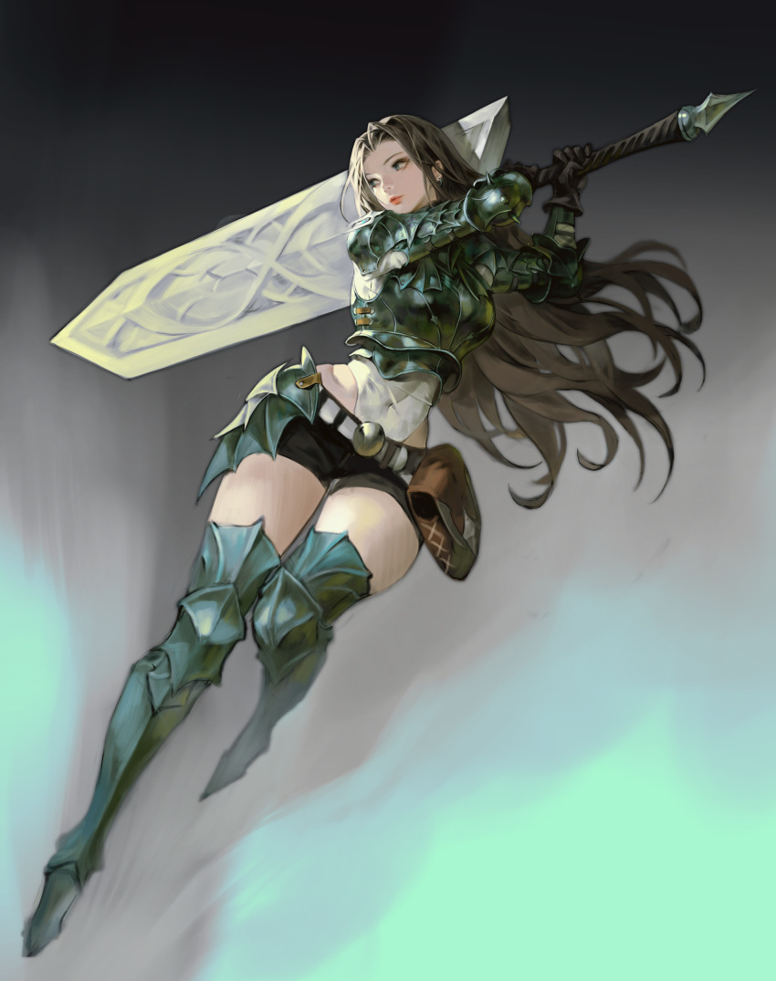 absurdres armor armored_boots arowana2111 belt black_background black_gloves black_shorts boots breastplate brown_hair couter covered_navel english_commentary female gloves gradient_background greatsword greaves green_eyes highres huge_weapon long_hair original over_shoulder pauldrons pouch rerebrace short_shorts shorts shoulder_armor sword sword_over_shoulder thighhighs vambraces weapon weapon_over_shoulder white_belt