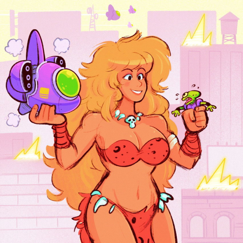 alien blonde_hair blush bone_necklace bra breasts building city commentary destruction english_commentary female fire fur_trim giant giantess highres jewelry large_breasts long_hair midriff mostlyghostly navel necklace original red_bra size_difference skull_necklace smile spacecraft underwear water_tower