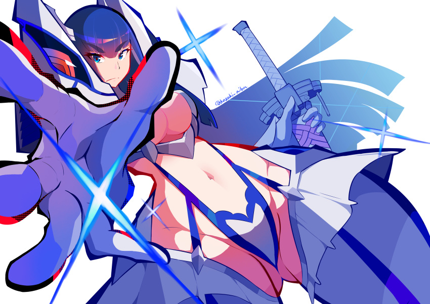 absurdres artist_name bakuzan black_hair blue_eyes boots breasts commentary female highres hozuki_aiba junketsu kill_la_kill kiryuuin_satsuki life_fiber living_clothes long_hair revealing_clothes simple_background solo suspenders sword thick_eyebrows thigh_boots weapon white_background