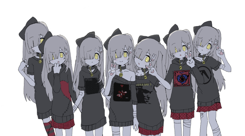 6+girls @_@ \n/ absurdres animal_collar animal_ears animal_hands aphex_twin bad_id bad_twitter_id band_shirt bandaged_arm bandaged_leg bandages behind_another black_bow black_hoodie black_sweater body_fur bow closed_mouth collar crying crying_with_eyes_open feet_out_of_frame furrowed_brow furry furry_female grey_hair hair_over_one_eye hairbow hand_to_own_mouth head_tilt highres hood hood_down hoodie indie_virtual_youtuber lineup long_hair looking_at_viewer lop_rabbit_ears merchandise multiple_girls multiple_persona off_shoulder oyasu_miyo patchwork_clothes pawpads plaid_clothes plaid_skirt pleated_skirt rabbit_ears red_skirt simple_background single_bare_shoulder skirt standing stitched_chest sweater tears v virtual_youtuber vreparty white_background white_fur yellow_eyes