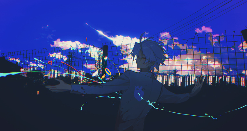 1boy absurdres ahoge blood blood_on_clothes blue_sky chinese_commentary chromatic_aberration cityscape cloud commentary_request day glasses grey_hair grey_shirt helly_(helly56956) highres kanou_aogu long_sleeves male_focus outstretched_arms power_lines saibou_shinkyoku shirt short_hair sky solo spread_arms upper_body