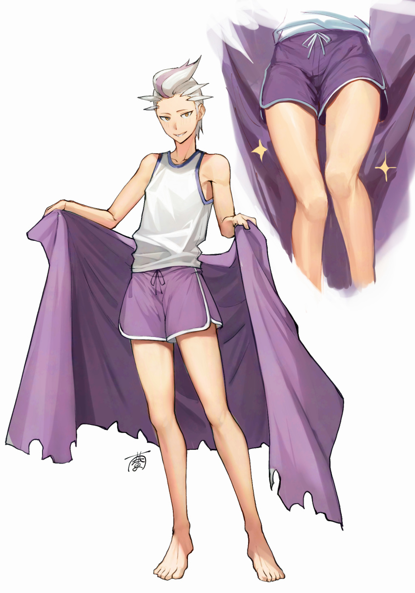 1boy barefoot blue_shorts cape commentary_request drawstring drayton_(pokemon) highres holding holding_cape holding_unworn_clothes light_blush male_focus mizinkororo multicolored_hair multiple_views parted_lips pokemon pokemon_sv purple_cape purple_hair short_hair shorts signature simple_background smile sparkle streaked_hair tank_top torn_cape torn_clothes two-tone_hair white_background white_hair white_tank_top yellow_eyes