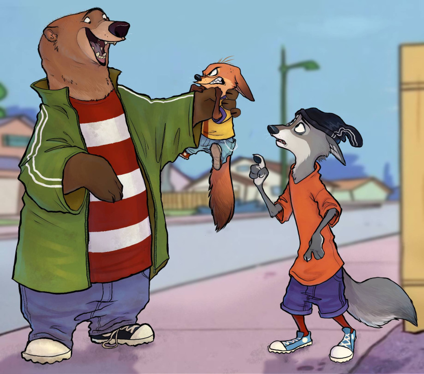 alternate_species angry anthro beanie bear bottomwear bozozoi brown_bear building canid canine canis cartoon_network clothing denim denim_bottomwear denim_clothing disney ed_(ed_edd_n_eddy) ed_edd_n_eddy edd_(eene) eddy_(eene) fence footwear fox group hand_around_neck happy hat headgear headwear hi_res house jacket jeans male mammal outside pants pattern_clothing pattern_shirt pattern_topwear raised_finger red_fox shirt shoelaces shoelaces_untied shoes shorts sidewalk smile standing street striped_clothing striped_shirt striped_topwear stripes tail topwear trio true_fox ursine wolf worried zootopia