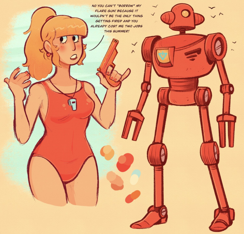 bare_shoulders blonde_hair blush breasts commentary earrings english_commentary female flare_gun heart heart_earrings highres jewelry lifeguard mechanical_arms medium_breasts mostlyghostly one-piece_swimsuit orange_one-piece_swimsuit original ponytail red_lips red_nails robot simple_background swimsuit upper_body whistle whistle_around_neck