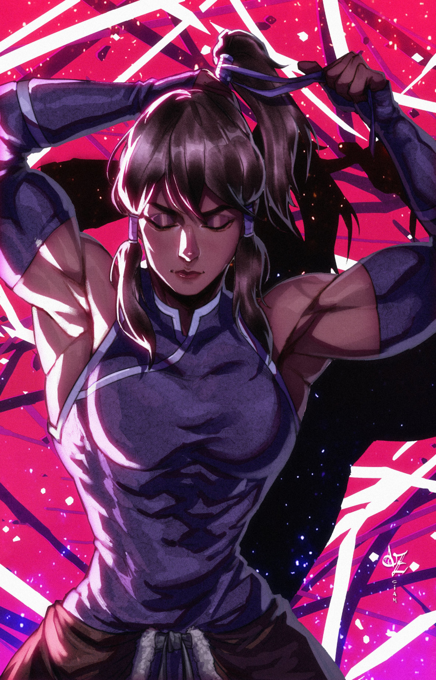 absurdres armpits avatar_legends az_ciam breasts closed_eyes dark-skinned_female dark_skin elbow_gloves fingerless_gloves gloves hair_tubes high_ponytail highres korra muscular muscular_female pelt ponytail sleeveless the_legend_of_korra topknot tying_hair