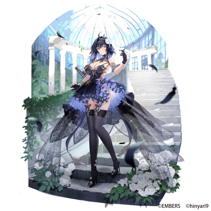 ahoge ash_arms black_dress black_feathers black_footwear black_gloves black_hair black_thighhighs blue_eyes breasts bug butterfly butterfly_on_hand copyright_notice dress falling_feathers feathers female flower gloves hair_flower hair_ornament high_heels highres katana miyazakisoul official_art rose short_hair side_slit solo sparkle stairs sword thighhighs type_4_chi-to_(ash_arms) weapon white_flower white_rose