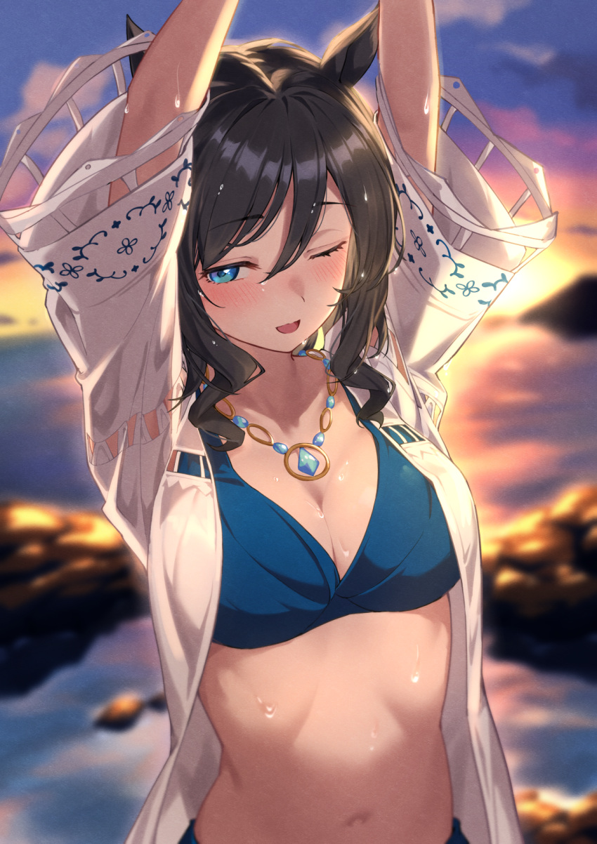 animal_ears arms_up bikini black_hair blue_bikini blue_eyes blurry blurry_background blush breasts cleavage cloud eishin_flash_(reines_plaetschern)_(umamusume) eishin_flash_(umamusume) female hair_between_eyes highres horse_ears horse_girl jacket jewelry kagari_liroi medium_breasts medium_hair navel necklace official_alternate_costume official_alternate_hairstyle one_eye_closed outdoors sky solo sunset swimsuit umamusume upper_body water_drop wet white_jacket