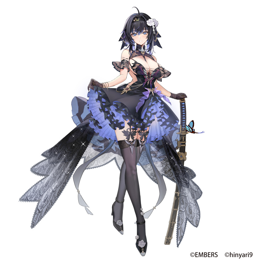 ahoge ash_arms bare_shoulders black_dress black_footwear black_gloves black_hair black_thighhighs blue_butterfly blue_eyes breasts bug butterfly cleavage copyright_notice dress female flower full_body gloves hair_flower hair_ornament high_heels highres holding holding_sword holding_weapon katana large_breasts miyazakisoul official_art rose sheath sheathed short_hair skirt_hold solo sword thighhighs type_4_chi-to_(ash_arms) weapon white_flower white_rose