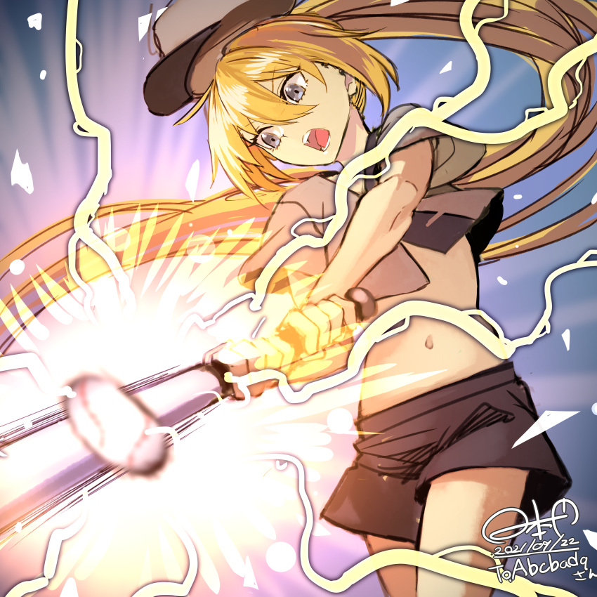 absurdres artoria_caster_(fate) artoria_pendragon_(fate) baseball baseball_bat baseball_cap blonde_hair character_request check_character crop_top emphasis_lines fate/grand_order fate_(series) female green_eyes hat highres hinomoto_madoka hitting holding holding_baseball_bat long_hair motion_lines navel open_mouth shorts teeth tongue twintails