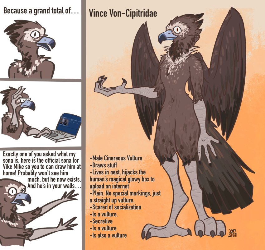 accipitrid accipitriform anthro avian beak bird blue_beak chest_tuft cinereous_vulture comic_panel computer curled_fingers dialogue digital_drawing_(artwork) digital_media_(artwork) digitigrade e621_comment electronics feather_markings feather_tuft feathered_wings feathers feet folded_wings gradient_background hands_out hi_res laptop looking_at_viewer male markings model_sheet nude nude_anthro nude_male old_world_vulture open_beak open_mouth orange_eyes ruffled_feathers simple_background slim solo standing tail tail_feathers talking_to_viewer talons text toes tuft vike_mike vulture wings