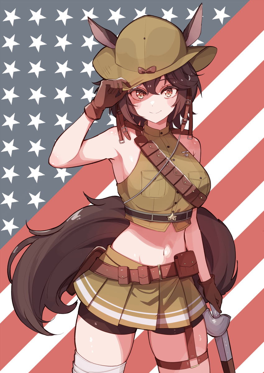 absurdres american_flag_background animal_ears bandaged_leg bandages bandolier belt bike_shorts_under_skirt black_shorts bow breast_pocket breasts brown_bow brown_eyes brown_gloves brown_hair brown_hat brown_shirt brown_skirt closed_mouth cream_(nipakupa) cropped_shirt ears_through_headwear female gloves hat hat_bow hat_tip highres holding holding_sword holding_weapon horse_ears horse_girl horse_tail indie_virtual_youtuber midriff navel pleated_skirt pocket second-party_source sheath sheathed shirt shorts skirt sleeveless sleeveless_shirt smile solo star_(symbol) sword tail tomoe_umari tomoe_umari_(1st_costume) virtual_youtuber weapon