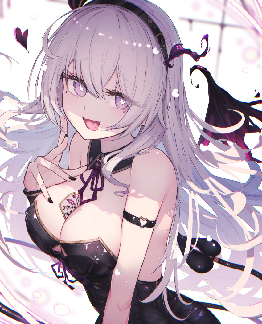 absurdres bare_shoulders black_collar black_hairband black_nails breasts cleavage collar demon_girl demon_tail demon_wings fake_nails female hairband heart heart-shaped_pupils highres long_hair original purple_eyes reizouko solo symbol-shaped_pupils tail tongue tongue_out white_hair wings