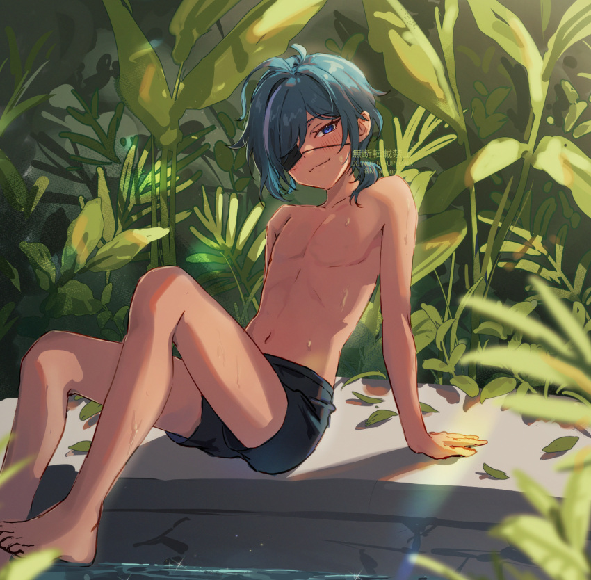 1boy aged_down barefoot bishounen blue_eyes blue_hair closed_mouth dark-skinned_male dark_skin eyepatch feet genshin_impact hair_between_eyes highres kaeya_(genshin_impact) long_hair male_focus manunnu navel ponytail smile solo stomach toes topless_male