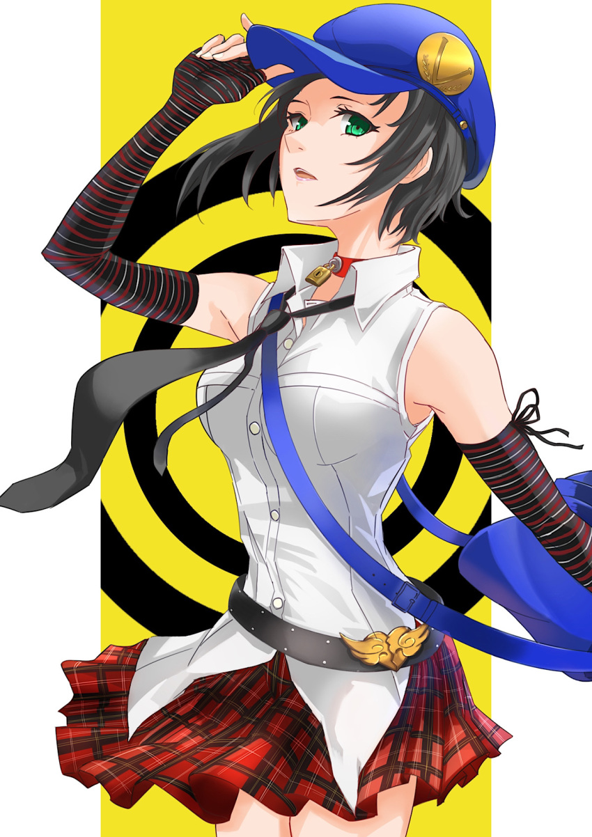 bag bare_shoulders belt black_belt black_hair black_necktie blue_bag blue_hat choker collared_shirt commentary cowboy_shot elbow_gloves female fingerless_gloves gloves green_eyes hat highres horizontal-striped_thighhighs looking_at_viewer marie_(persona_4) melgrad31 necktie persona persona_4 persona_4_the_golden plaid_clothes plaid_skirt pleated_skirt procreate_(medium) red_choker shirt short_hair shoulder_bag skirt sleeveless sleeveless_shirt solo striped_clothes striped_gloves striped_thighhighs thighhighs two-tone_background white_background white_shirt yellow_background