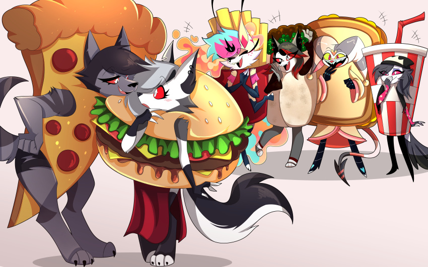 absurd_res anthro burger burger_costume canid canid_demon canine cheeseburger_costume chizitx clothing costume demon drink_costume female fizzarolli_(helluva_boss) food food_costume fox_spirit french_fries_costume fries fries_costume goetia grilled_cheese grilled_cheese_sandwich grilled_cheese_sandwich_costume group hellhound helluva_boss hi_res imp loona_(helluva_boss) male mammal mythological_canine mythological_creature mythology nikki_argos octavia_(helluva_boss) pizza pizza_costume queen_bee-lzebub_(helluva_boss) rule_63 sandwich_(food) vortex_(helluva_boss)