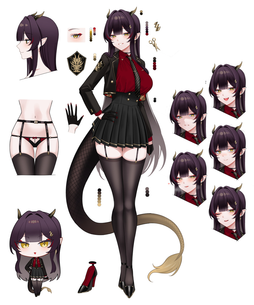 ;) absurdres arm_under_breasts black_footwear black_gloves black_jacket black_necktie black_panties black_skirt black_tail black_thighhighs blazer blunt_bangs breasts breath chibi collared_shirt disgust dragon_girl dragon_horns dragon_tail dress_shirt earrings expressions eyeshadow female garter_straps gfpebs gloves gradient_tail hair_intakes hair_ornament hairclip hand_on_own_hip high_heels highres horns jacket jewelry large_breasts long_hair long_sleeves looking_at_viewer makeup miniskirt mole mole_under_eye navel necktie o-ring o-ring_bottom o-ring_panties one_eye_closed open_clothes open_jacket original panties parted_lips pleated_skirt pointy_ears purple_hair red_eyeshadow red_nails red_shirt reference_sheet shirt shoes simple_background skindentation skirt smile smirk standing stomach string_panties tail thighhighs underwear v-shaped_eyebrows very_long_hair white_background wing_collar yellow_eyes yellow_tail