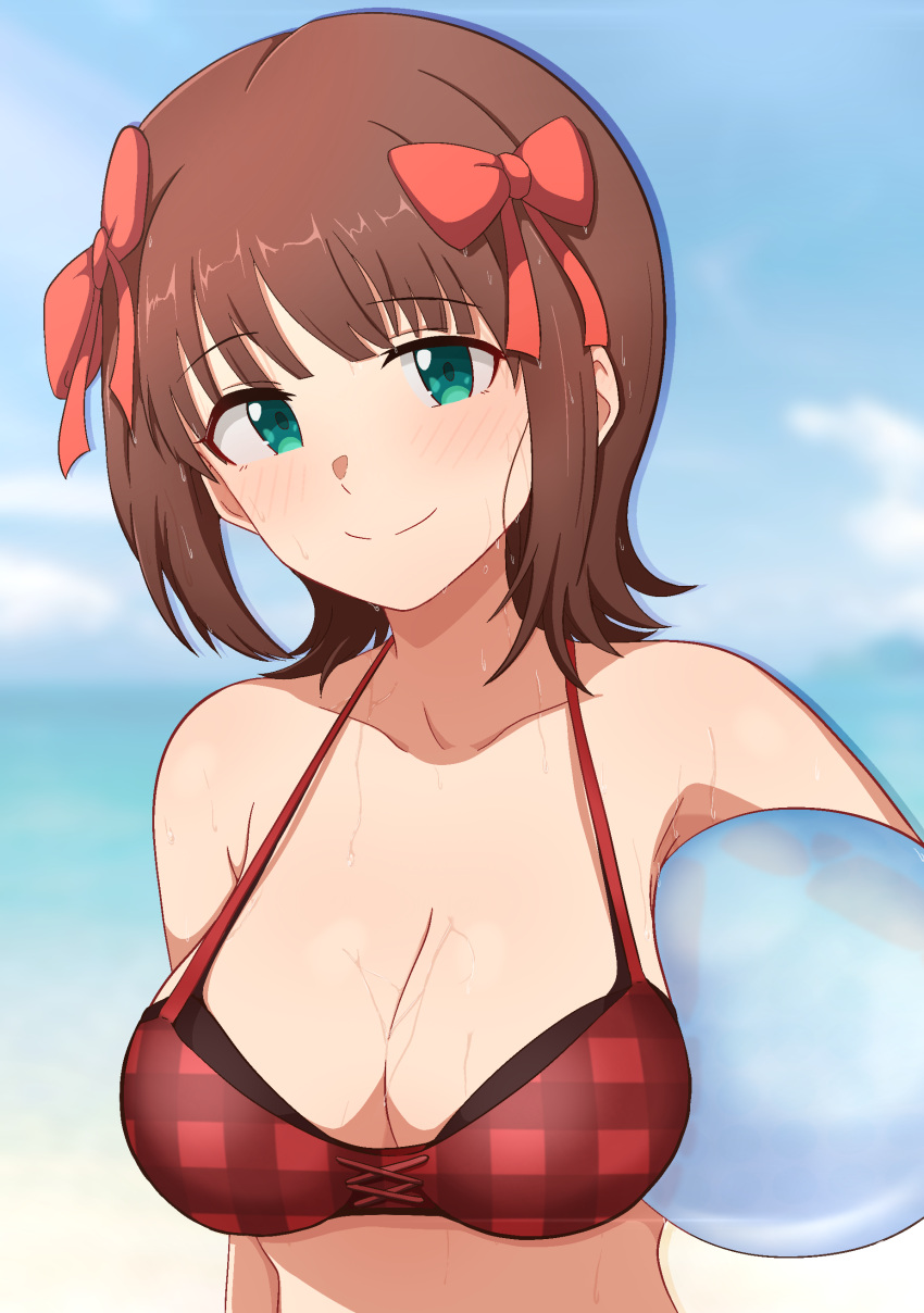 absurdres amami_haruka armpits ball bare_arms bare_shoulders beach beachball bikini blue_sky blunt_bangs blurry blurry_background blush breasts brown_hair cleavage closed_mouth cloud cloudy_sky collarbone day dot_nose female flipped_hair green_eyes hair_ribbon highres holding holding_ball holding_beachball idolmaster idolmaster_(classic) idolmaster_million_live! idolmaster_million_live!_theater_days large_breasts light_smile looking_at_viewer medium_hair milliani mountainous_horizon outdoors plaid_bikini plaid_clothes red_bikini red_ribbon ribbon sidelocks sky solo straight_hair swimsuit upper_body water_drop wet