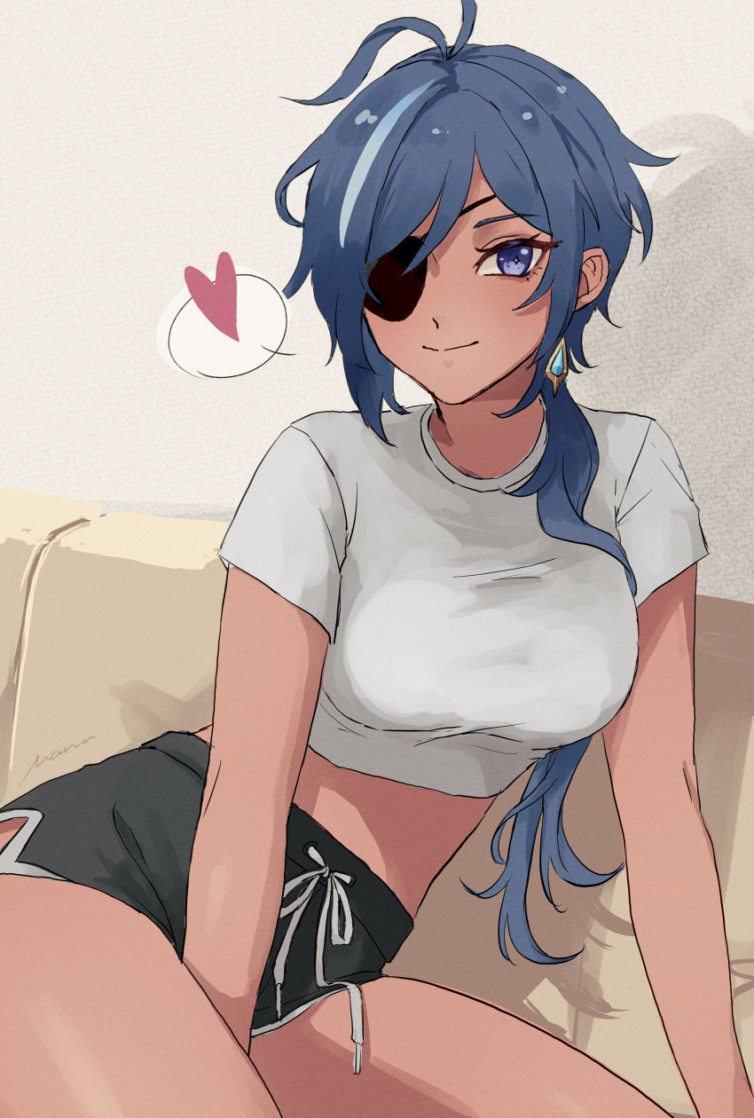 absurdres black_pants blue_eyes blue_hair closed_mouth couch crop_top dark-skinned_female dark_skin earrings eyepatch female genderswap_(mtf) genshin_impact hair_between_eyes highres jewelry kaeya_(genshin_impact) long_hair manunnu midriff pants ponytail rule_63 shirt smile solo white_shirt