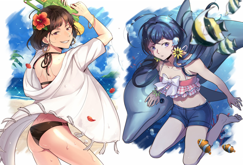 2girls ahoge animal ass beach bikini black_bikini black_hair bow bracelet brown_hair bubble bungou_stray_dogs clownfish collarbone day dolphin earrings fish flower grin hair_flower hair_ornament haveanicedream hibiscus highres holding holding_water_gun izumi_kyouka_(bungou_stray_dogs) jacket jewelry long_hair looking_at_viewer low_twintails moorish_idol multiple_girls navel ocean official_alternate_costume outdoors petals short_hair shorts sky smile sunflower sunflower_hair_ornament sweat swimsuit twintails underwater water water_gun white_bow yosano_akiko