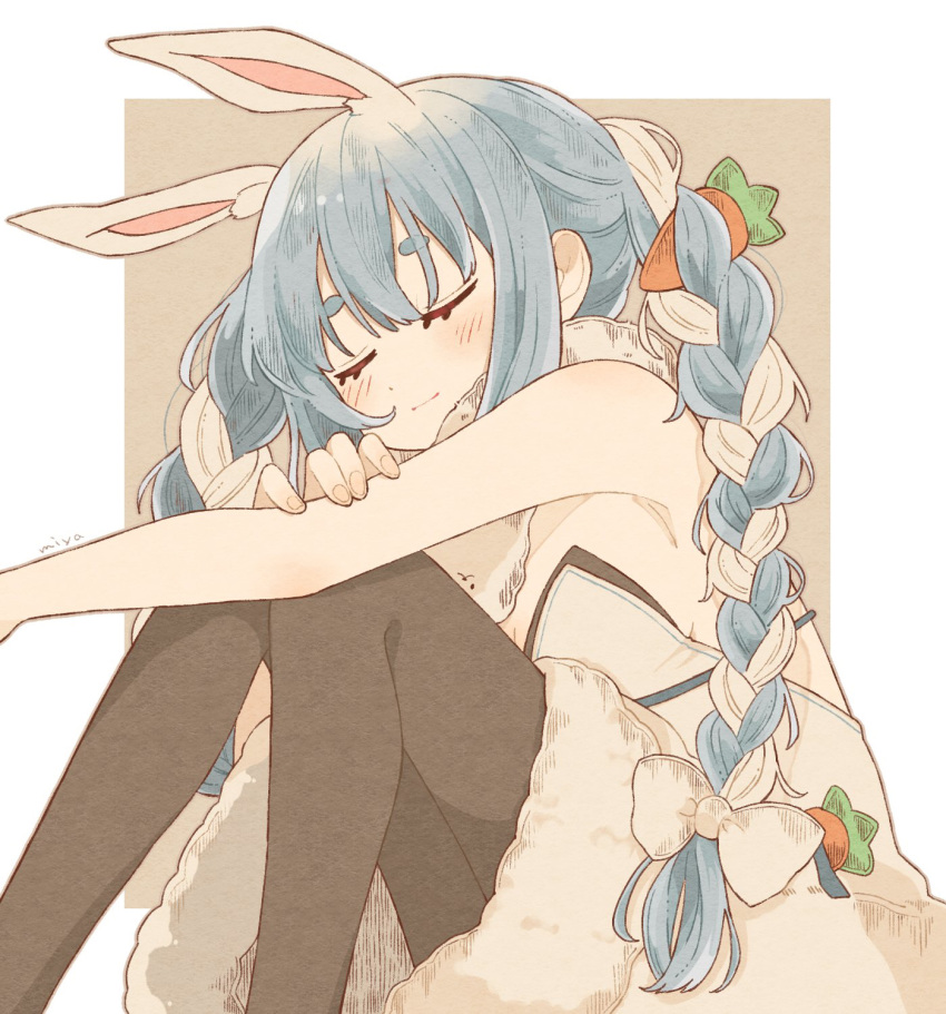 animal_ears armpit_crease artist_name bare_shoulders blue_hair blush bow braid breasts carrot carrot_hair_ornament closed_eyes closed_mouth coat_dress don-chan_(usada_pekora) feet_out_of_frame female fingernails food-themed_hair_ornament fur-trimmed_gloves fur_scarf fur_trim gloves hair_ornament hairbow highres hololive hugging_own_legs knees_together_feet_apart knees_up legs long_hair multicolored_hair pantyhose rabbit_ears rabbit_girl short_eyebrows simple_background sitting small_breasts smile solo thick_eyebrows traum38 twin_braids twintails two-tone_hair usada_pekora usada_pekora_(1st_costume) virtual_youtuber white_hair