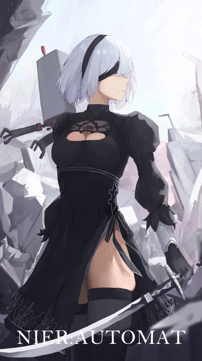 2b_(nier:automata) absurdres black_blindfold black_dress black_hairband black_thighhighs blindfold boots breasts cleavage covered_eyes day dress feather-trimmed_sleeves female hairband highres holding holding_sword holding_weapon jianjia juliet_sleeves leotard leotard_under_clothes long_sleeves mole mole_under_mouth nier:automata nier_(series) outdoors pod_(nier:automata) puffy_sleeves short_hair solo sword thighhighs thighhighs_under_boots weapon white_hair white_leotard