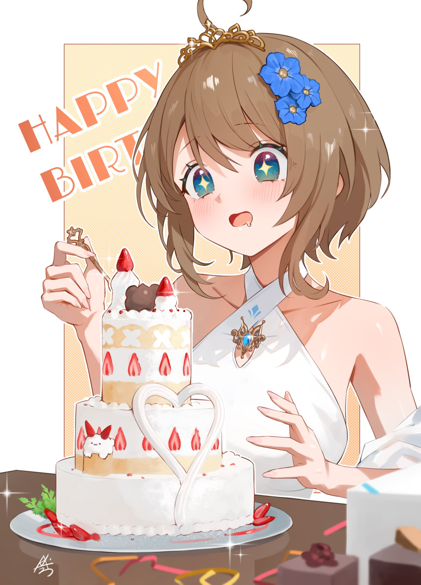 absurdres ahoge aogiri_koukou aqua_eyes bare_shoulders blue_flower breasts brown_hair cake collarbone commentary female flower food fruit hair_flower hair_ornament happy_birthday highres holding kkix25 kurikoma_komaru saliva shadow short_hair signature solo sparkling_eyes strawberry table tiara virtual_youtuber