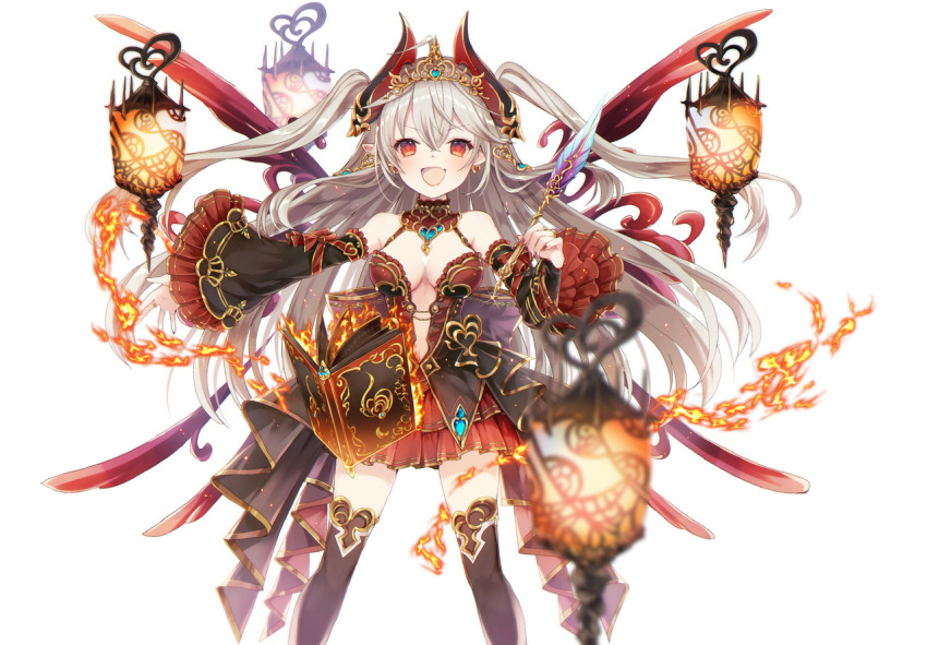 :d bangs bare_shoulders black_legwear black_sleeves blurry blurry_foreground blush book breasts burning character_request commentary_request cryptract curled_horns demon_horns depth_of_field detached_sleeves earrings eyebrows_visible_through_hair female fingernails fire glint grey_hair hair_between_eyes heart holding horns jewelry kikka_(kicca_choco) lantern layered_skirt long_hair long_sleeves looking_at_viewer medium_breasts nail_polish navel navel_cutout oerba_yun_fang open_book open_mouth outstretched_arm pink_nails pleated_skirt pointy_ears quill red_eyes red_skirt simple_background skirt smile solo thighhighs tiara two_side_up v-shaped_eyebrows very_long_hair white_background wide_sleeves