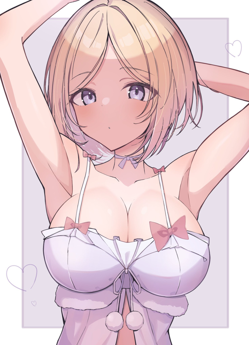 aki_rosenthal aki_rosenthal_(sleepwear) arm_behind_head armpits arms_up bare_arms blonde_hair blush bob_cut bow breasts camisole choker cleavage female heart highres hiyoko_no_ko hololive large_breasts looking_at_viewer official_alternate_costume parted_bangs parted_lips purple_eyes red_bow ribbon_choker short_hair simple_background solo upper_body virtual_youtuber white_hair