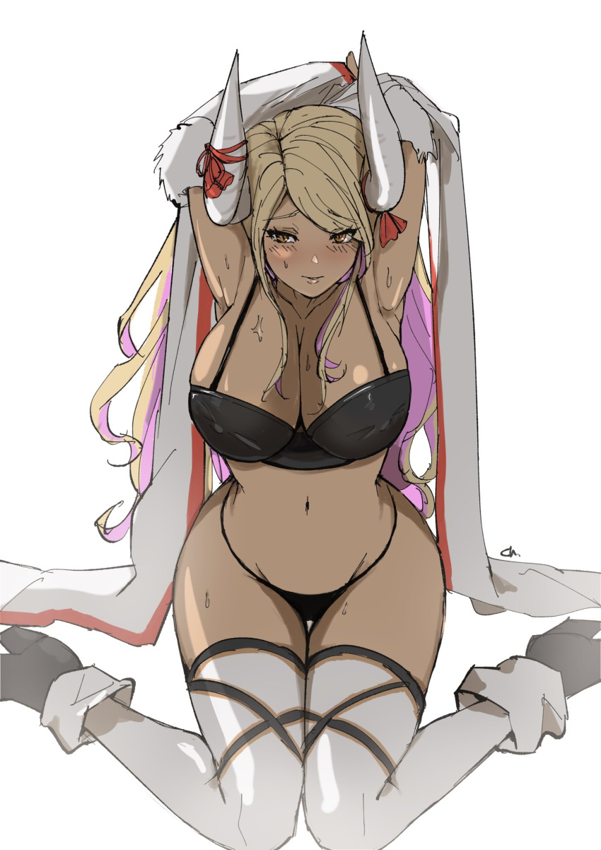 blonde_hair blush breasts cleavage dark-skinned_female dark_skin draph female fur-trimmed_sleeves fur_trim glanbluefanta granblue_fantasy gyaru highres horn_ornament horn_ribbon horns kumbhira_(granblue_fantasy) large_breasts multicolored_hair navel ribbon sitting solo sweat thighhighs thighs wariza