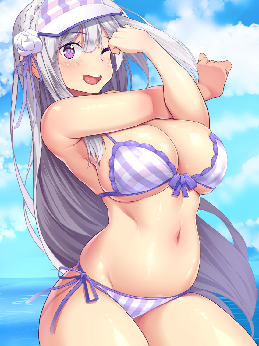 ;d absurdres armpits bare_shoulders bikini blue_pupils blue_sky blush braid breasts cleavage cloud commentary_request cowboy_shot cross-body_stretch crown_braid curvy day emilia_(re:zero) female flower gem green_gemstone grey_hair hair_flower hair_ornament highres kokuu_rikishi large_breasts long_hair looking_at_viewer navel ocean one_eye_closed open_mouth outdoors purple_eyes purple_ribbon re:zero_kara_hajimeru_isekai_seikatsu ribbon round_teeth side-tie_bikini_bottom sky smile solo stomach stretching striped_bikini striped_clothes swimsuit teeth upper_teeth_only vertical-striped_bikini vertical-striped_clothes very_long_hair white_flower