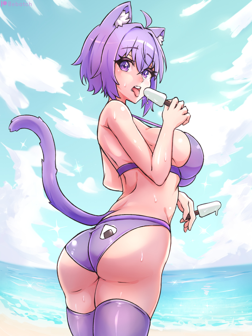 ahoge animal_ear_fluff animal_ears artist_name ass bare_back bare_shoulders beach bebatch bikini breasts cat_ears cat_girl cat_tail cloud day female food highres holding holding_food hololive large_breasts looking_back nekomata_okayu onigiri_print open_mouth outdoors popsicle purple_bikini purple_eyes purple_hair purple_thighhighs saliva saliva_trail sky solo sweat swimsuit tail teeth thighhighs thighs tongue tongue_out upper_teeth_only virtual_youtuber waves