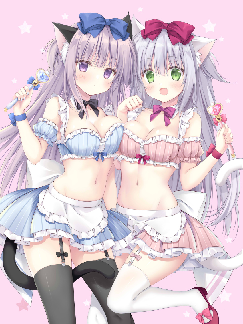 2girls :d absurdres airi_(alice_or_alice) alice_or_alice animal_ear_fluff animal_ears apron bare_shoulders black_thighhighs blue_bow blue_skirt blue_sleeves blush bow breasts cat_ears cat_girl cat_tail cleavage closed_mouth commentary_request detached_sleeves frilled_apron frilled_skirt frills green_eyes grey_hair hair_between_eyes hairbow heart high_heels highres holding holding_wand korie_riko medium_breasts multiple_girls navel pink_background pink_skirt pink_sleeves puffy_short_sleeves puffy_sleeves purple_bow purple_eyes red_bow red_footwear rise_(alice_or_alice) shoes short_sleeves simple_background skirt smile starry_background striped_clothes striped_skirt tail thighhighs vertical-striped_clothes vertical-striped_skirt waist_apron wand white_apron white_thighhighs