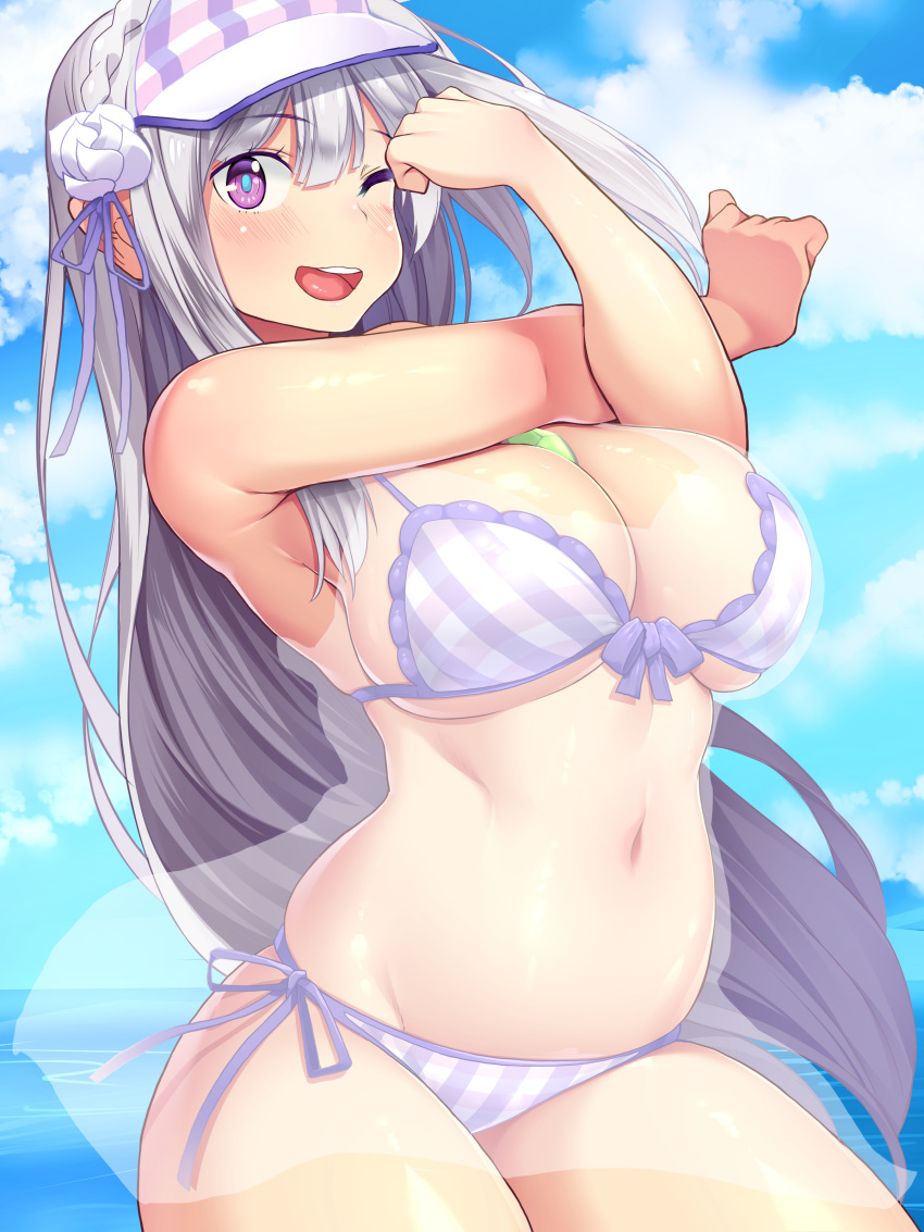 ;d absurdres armpits bare_shoulders bikini blue_pupils blue_sky blush braid breasts cleavage cloud cowboy_shot cross-body_stretch crown_braid curvy day dress emilia_(re:zero) female flower gem green_gemstone grey_hair hair_flower hair_ornament highres kokuu_rikishi large_breasts long_hair looking_at_viewer navel ocean one_eye_closed open_mouth outdoors purple_eyes purple_ribbon re:zero_kara_hajimeru_isekai_seikatsu ribbon round_teeth see-through side-tie_bikini_bottom skindentation sky smile solo stomach stretching striped_bikini striped_clothes swimsuit teeth upper_teeth_only vertical-striped_bikini vertical-striped_clothes very_long_hair white_flower