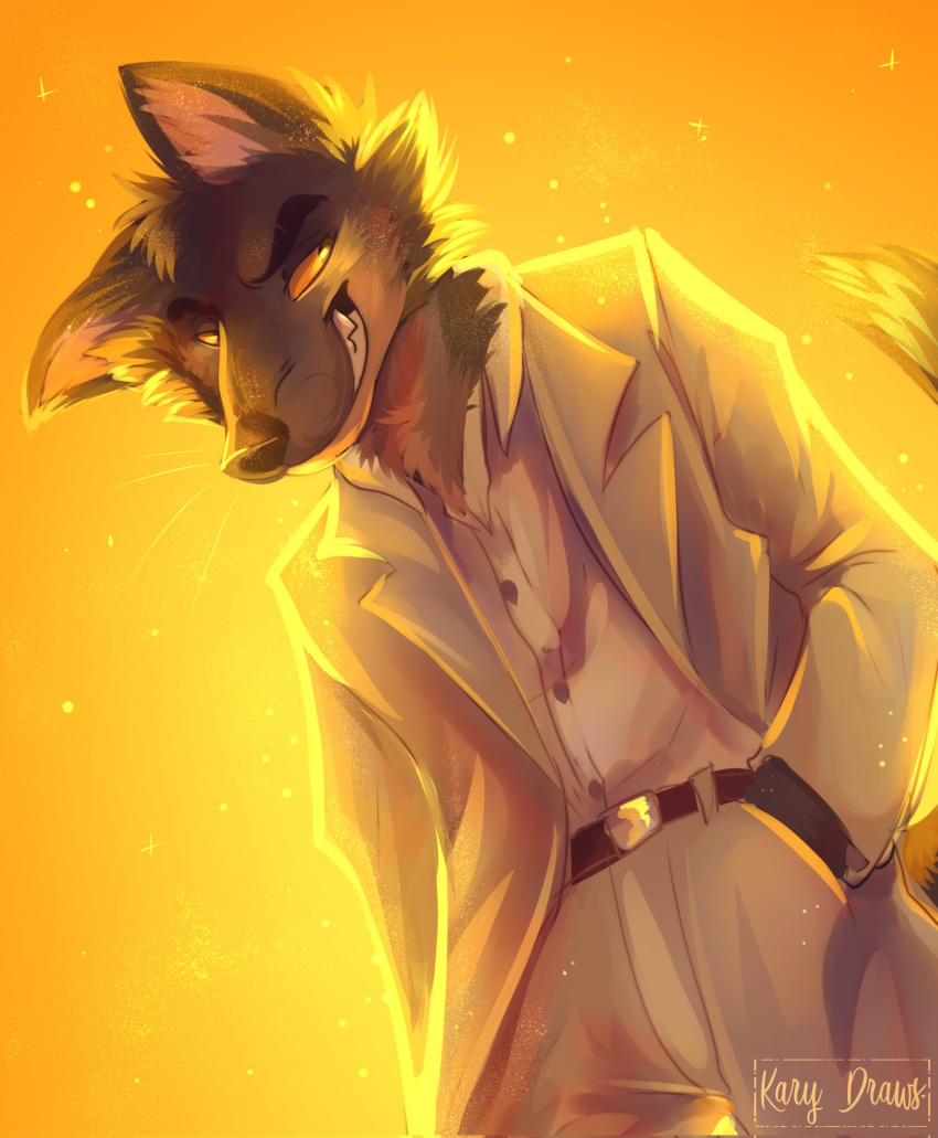 2021 anthro bottomwear canid canine canis clothing dreamworks fur gradient_background hand_in_pocket hi_res karydraws lidded_eyes male male_anthro mammal mr._wolf_(the_bad_guys) pants pockets simple_background solo suit teeth the_bad_guys wolf yellow_background