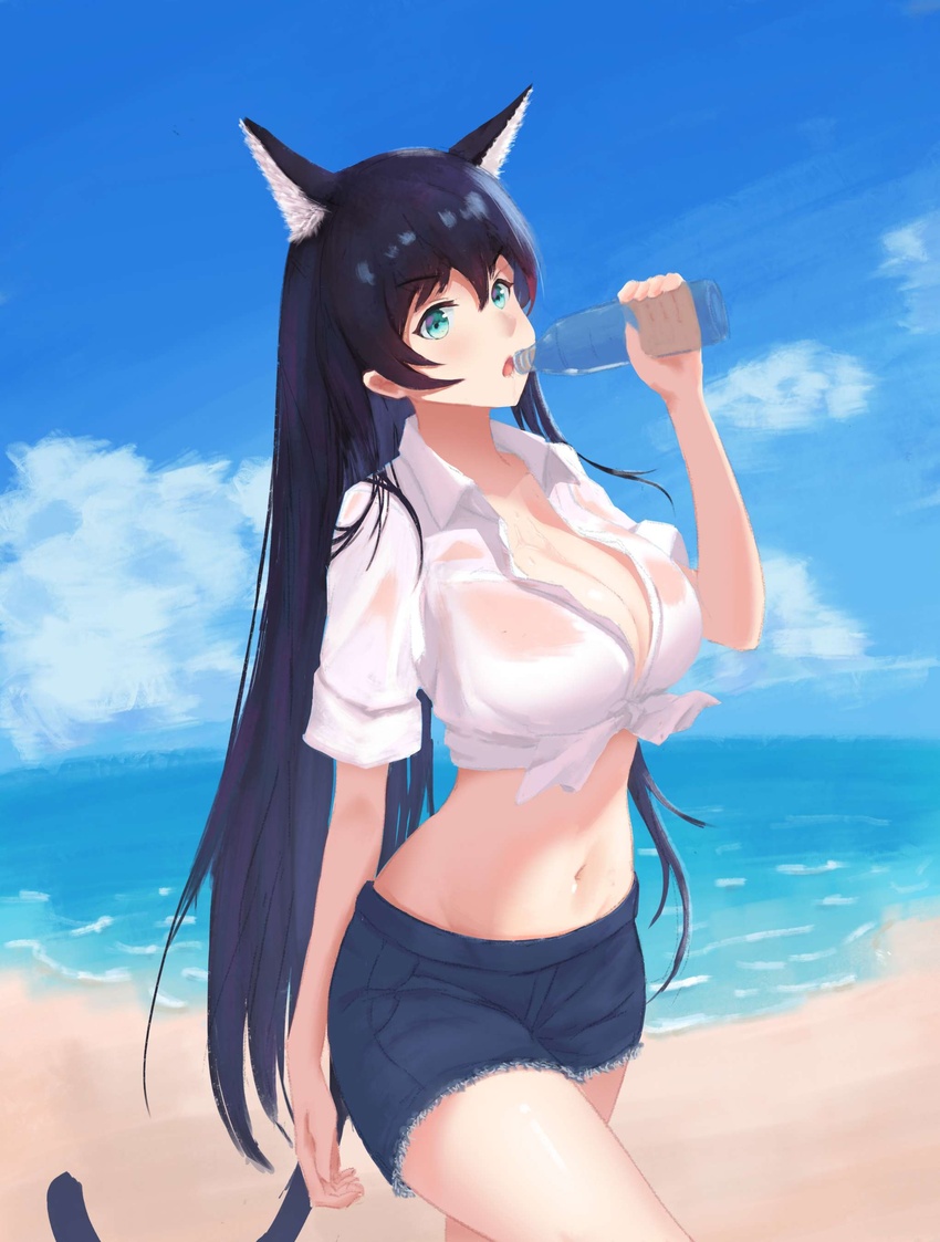 absurdres alternate_costume animal_ears aqua_eyes arknights beach black_hair blaze_(arknights) blue_shorts blue_sky bottle breasts cat_ears cat_tail cleavage cloud commentary_request cowboy_shot crop_top day dhsl female hand_up highres holding holding_bottle large_breasts long_hair looking_at_viewer midriff navel ocean open_mouth outdoors shirt short_shorts short_sleeves shorts sky solo standing stomach tail thighs tied_shirt very_long_hair water white_shirt