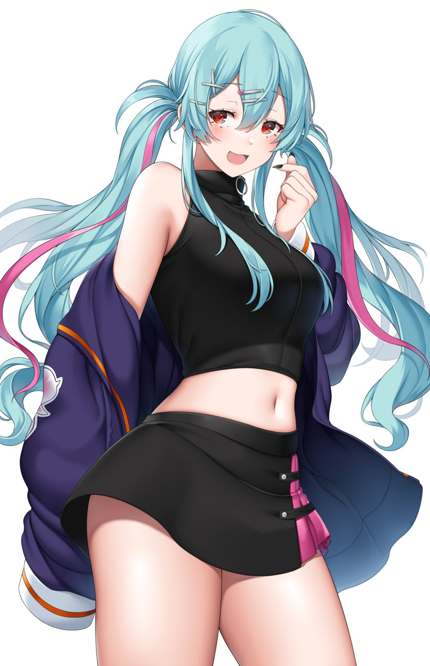 :d black_nails black_skirt blue_hair blush cowboy_shot female finger_heart fingernails hair_between_eyes hair_ornament hairclip hand_up highres indie_virtual_youtuber jacket kururi_kurione long_fingernails long_hair looking_at_viewer midriff miniskirt multicolored_hair nail_polish navel purple_jacket red_eyes simple_background skirt smile solo streaked_hair suruga_(xsurugax) twintails very_long_hair virtual_youtuber white_background x_hair_ornament