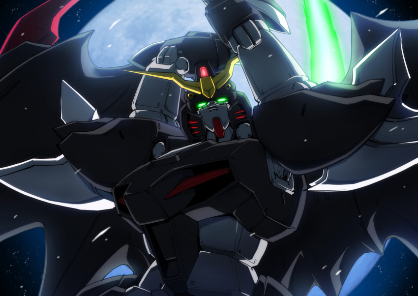 beam_scythe full_moon glowing glowing_eyes gundam gundam_deathscythe gundam_deathscythe_hell_custom gundam_wing gundam_wing_endless_waltz highres mecha moon night no_humans overhead_swing robot scythe shouji_nigou