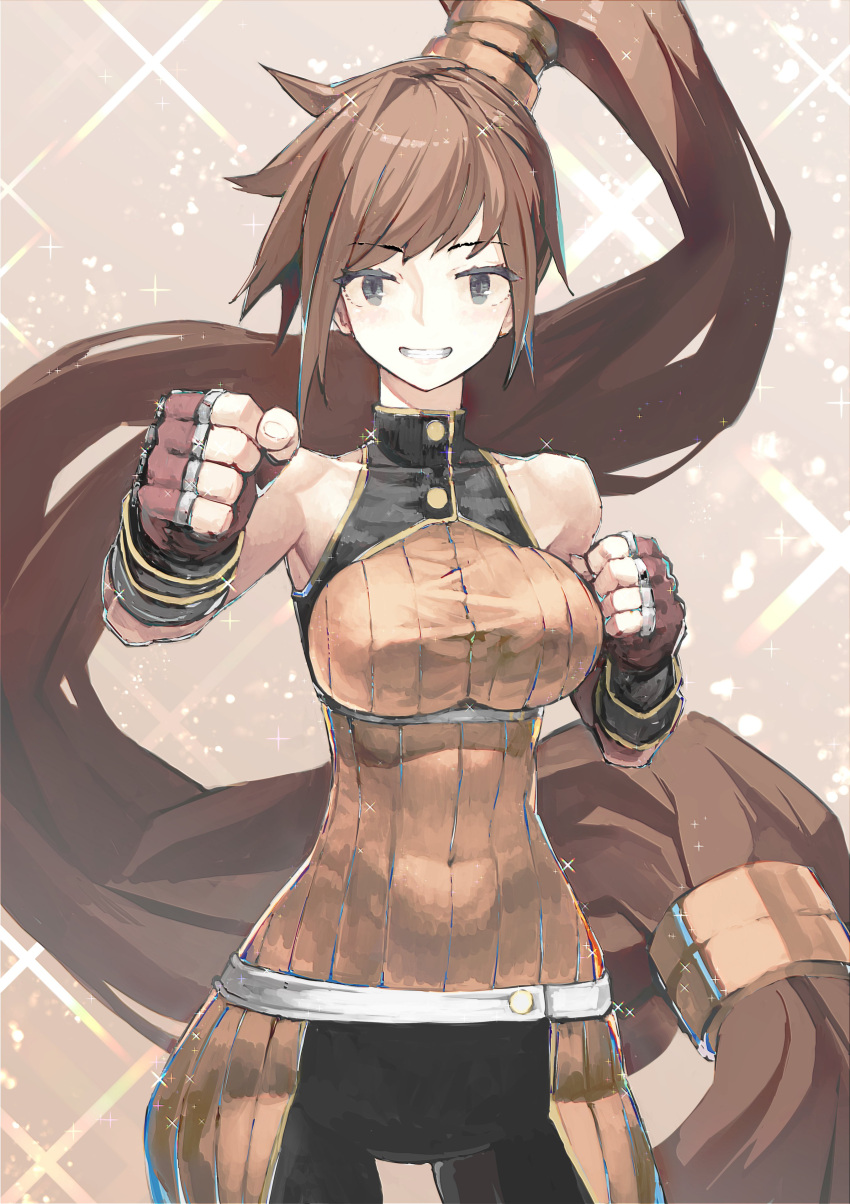 absurdres breasts brown_eyes brown_hair covered_navel cowboy_shot dnf_duel dungeon_and_fighter female fighter_(dungeon_and_fighter) fingerless_gloves gloves grin highres long_hair looking_at_viewer medium_breasts ponytail smile solo striker_(dungeon_and_fighter) tefec very_long_hair