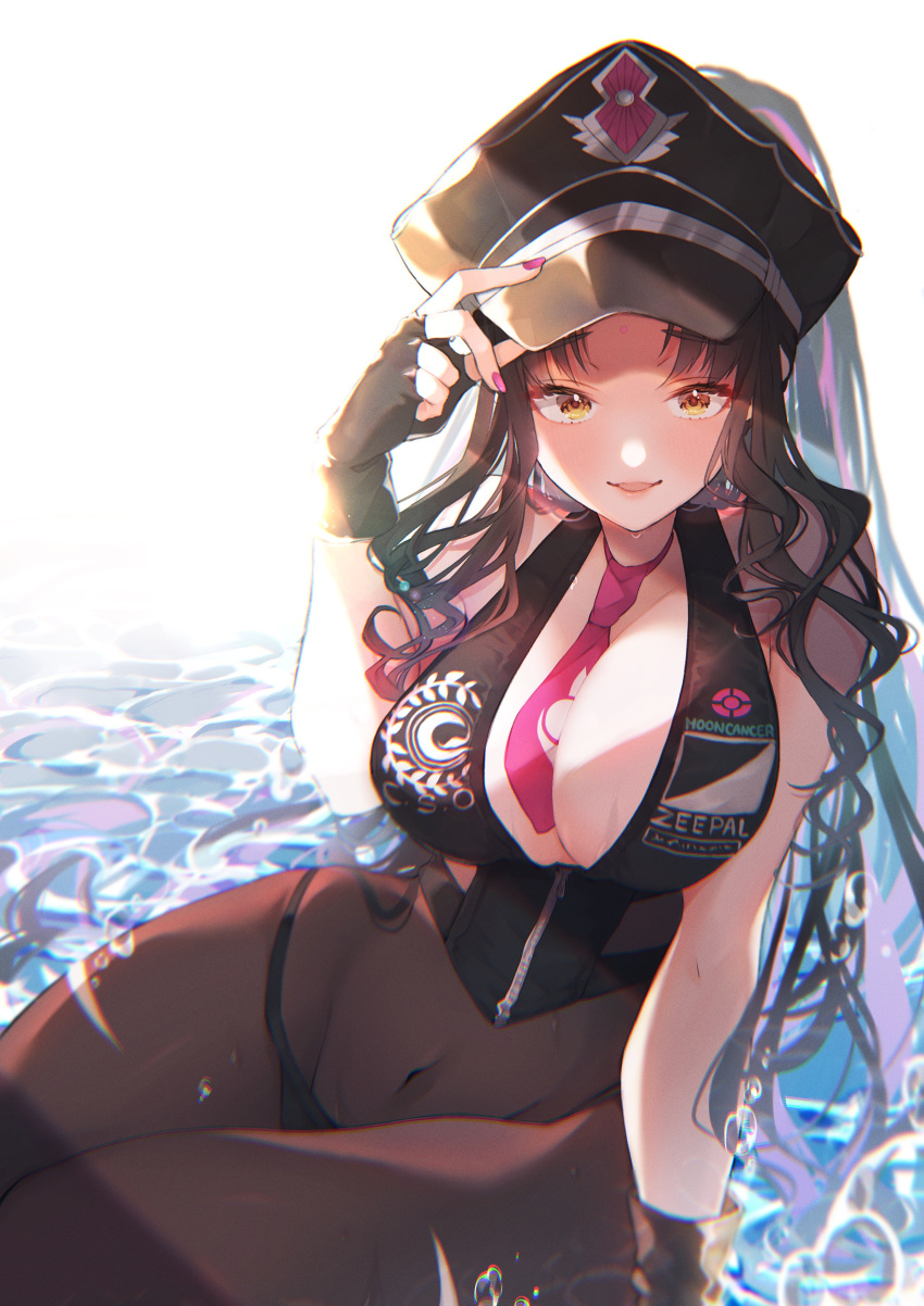 absurdres between_breasts black_bodysuit black_hair blush bodysuit breasts chaldea_logo cleavage covered_navel facial_mark fate/grand_order fate_(series) female fingerless_gloves forehead_mark gloves hat highres in_water large_breasts light_rays logo long_hair looking_at_viewer multicolored_hair nail_polish necktie peaked_cap photoshop_(medium) pink_hair pink_nails sessyoin_kiara sessyoin_kiara_(swimsuit_mooncancer) sessyoin_kiara_(swimsuit_mooncancer)_(second_ascension) shirt sitting sleeveless sleeveless_shirt smile solo streaked_hair suna_co sunlight sweatdrop torn_bodysuit torn_clothes yellow_eyes