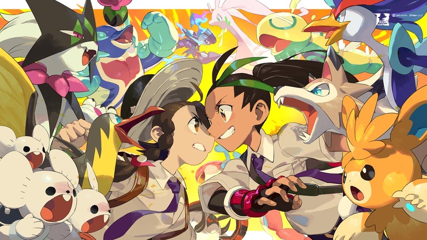 2girls black_eyes black_hair blue_eyes braid brown_eyes brown_hair ceruledge clenched_teeth collared_shirt confrontation dark-skinned_female dark_skin dudunsparce e_volution eye_contact face-to-face fangs from_side goodra green_hair grey_headwear grey_shirt grin hair_pulled_back hat iron_treads juliana_(pokemon) kilowattrel long_hair looking_at_another lycanroc lycanroc_(midday) maushold maushold_(family_of_three) meowscarada multicolored_hair multiple_girls necktie nemona_(pokemon) open_mouth orthworm palafin palafin_(hero) pawmot pink_eyes pokemon pokemon_(creature) pokemon_sv ponytail purple_necktie quaquaval school_uniform shirt smile streaked_hair teeth upper_body uva_academy_school_uniform vs