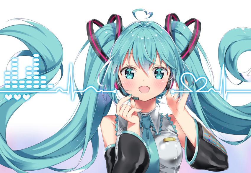 :d ahoge aqua_eyes aqua_hair aqua_nails aqua_necktie arami_o_8 black_nails blush breasts cardiogram commentary detached_sleeves female gradient_background grey_shirt hands_up hatsune_miku headset heart heart_ahoge heart_in_eye long_hair long_sleeves medium_breasts nail_polish necktie open_mouth shirt smile solo symbol_in_eye twintails upper_body very_long_hair vocaloid white_background