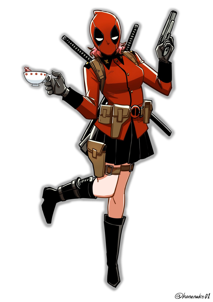 belt black_footwear black_gloves black_skirt boot_knife boots commentary cosplay cup deadpool deadpool_(cosplay) deadpool_(series) epaulettes female full_body girls_und_panzer gloves gun handgun highres holding holding_cup holding_gun holding_weapon hone_(honehone083) jacket katana knife leg_up long_sleeves looking_at_viewer marvel mask medium_hair military military_uniform miniskirt pleated_skirt pouch red_hair red_jacket rosehip_(girls_und_panzer) simple_background skirt solo st._gloriana's_military_uniform standing standing_on_one_leg sword sword_behind_back tea teacup thigh_pouch thigh_strap uniform utility_belt weapon white_background