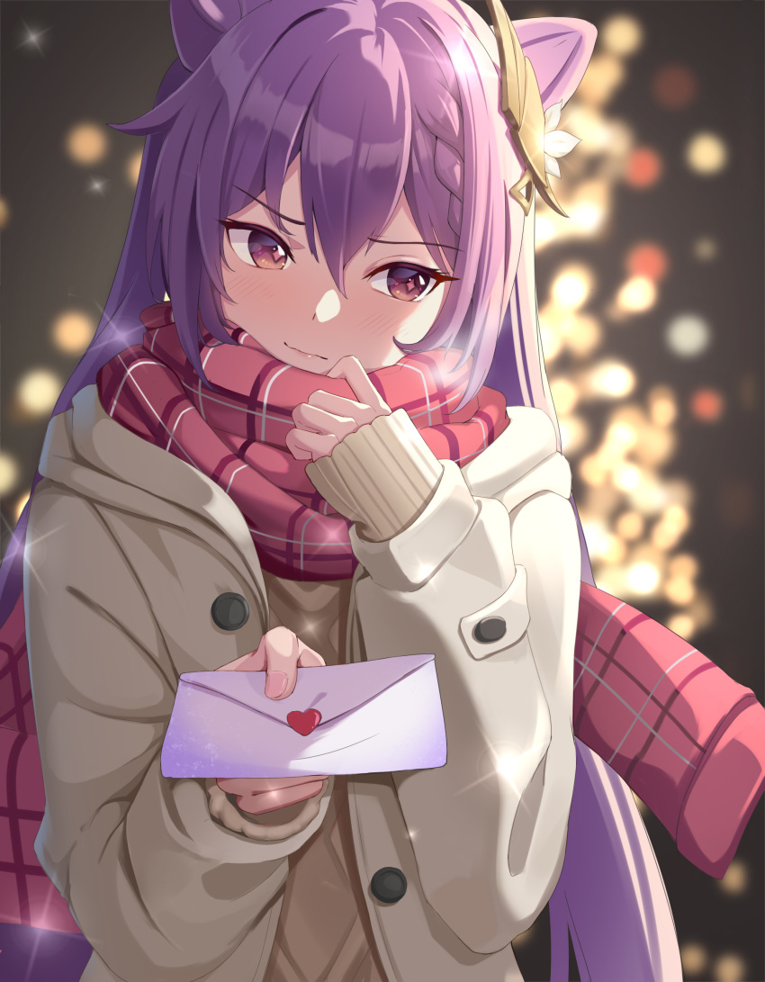 absurdres alternate_costume amco blush braid casual closed_mouth coat commentary double_bun female genshin_impact hair_bun hair_ornament hairclip heart highres incoming_letter keqing_(genshin_impact) long_hair long_sleeves looking_at_viewer looking_to_the_side love_letter purple_eyes purple_hair red_scarf scarf sleeves_past_wrists solo sweater tsundere twintails winter_clothes winter_coat