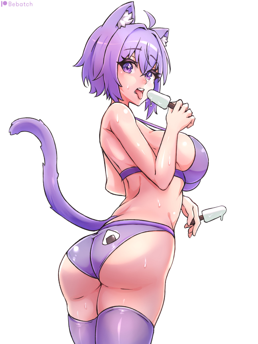 ahoge animal_ear_fluff animal_ears artist_name ass bare_back bare_shoulders bebatch bikini breasts cat_ears cat_girl cat_tail female food highres holding holding_food hololive large_breasts looking_back nekomata_okayu onigiri_print open_mouth popsicle purple_bikini purple_eyes purple_hair purple_thighhighs saliva saliva_trail solo sweat swimsuit tail teeth thighhighs thighs tongue tongue_out upper_teeth_only virtual_youtuber