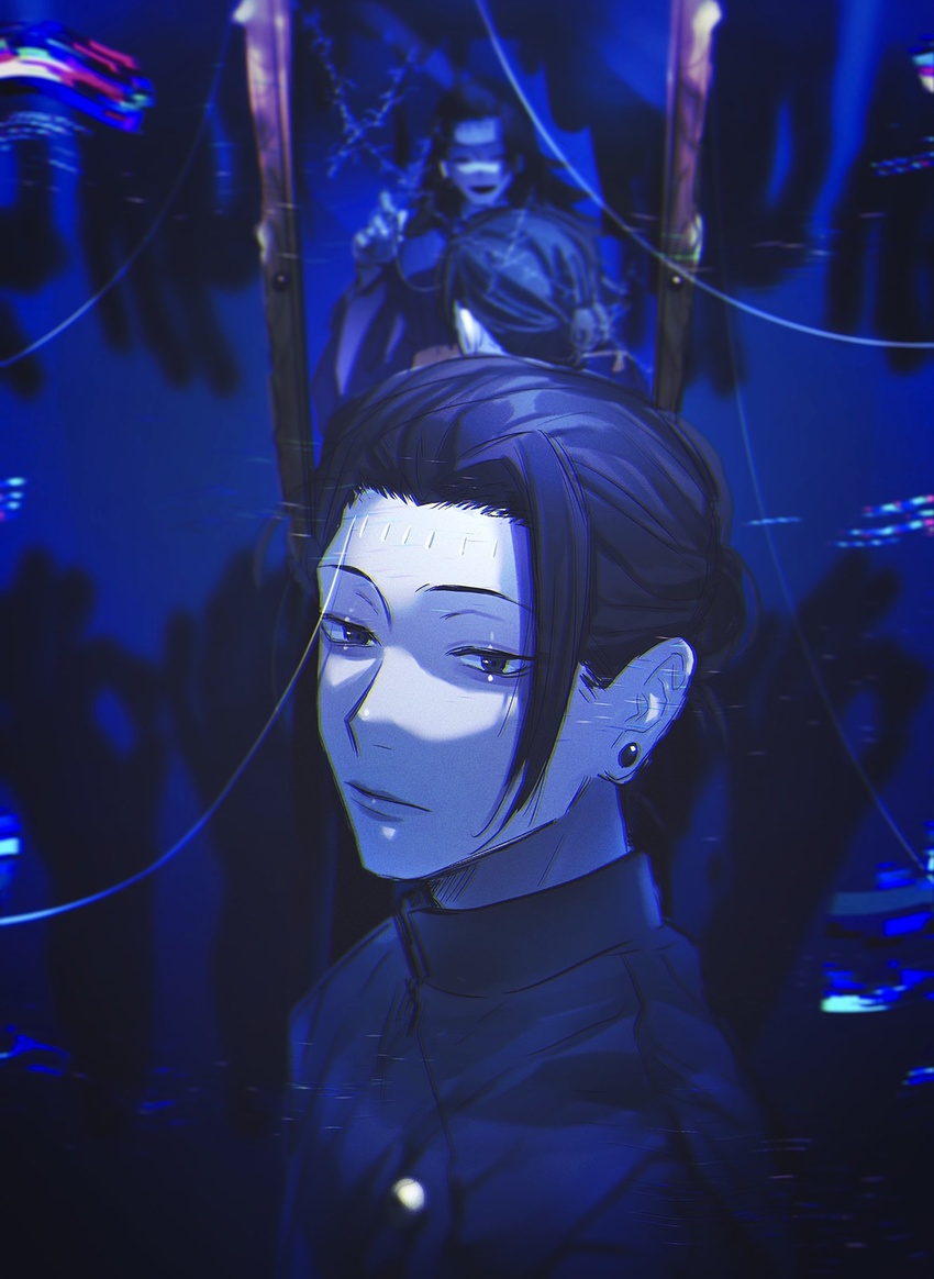 2boys ^_^ black_eyes black_hair black_jacket blue_background blue_theme closed_eyes closed_mouth dual_persona ear_piercing getou_suguru hair_pulled_back hand_up highres jacket jujutsu_kaisen kuropani_cos long_hair looking_at_viewer male_focus mirror multiple_boys open_mouth piercing reflection short_hair smile stitching upper_body